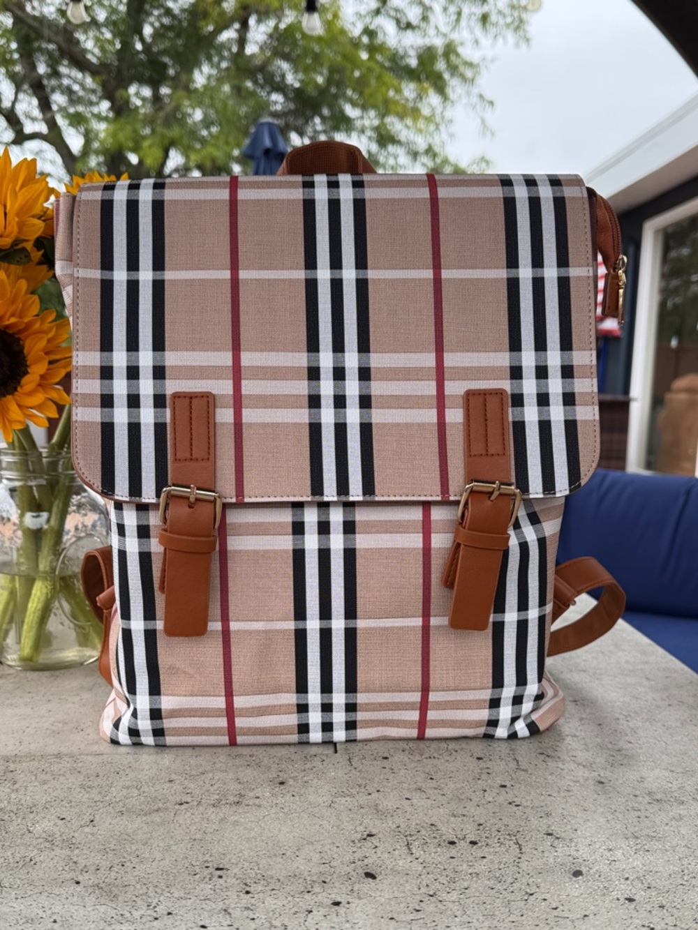 Burberry-Style Beige Plaid Backpack with Tan Accents
